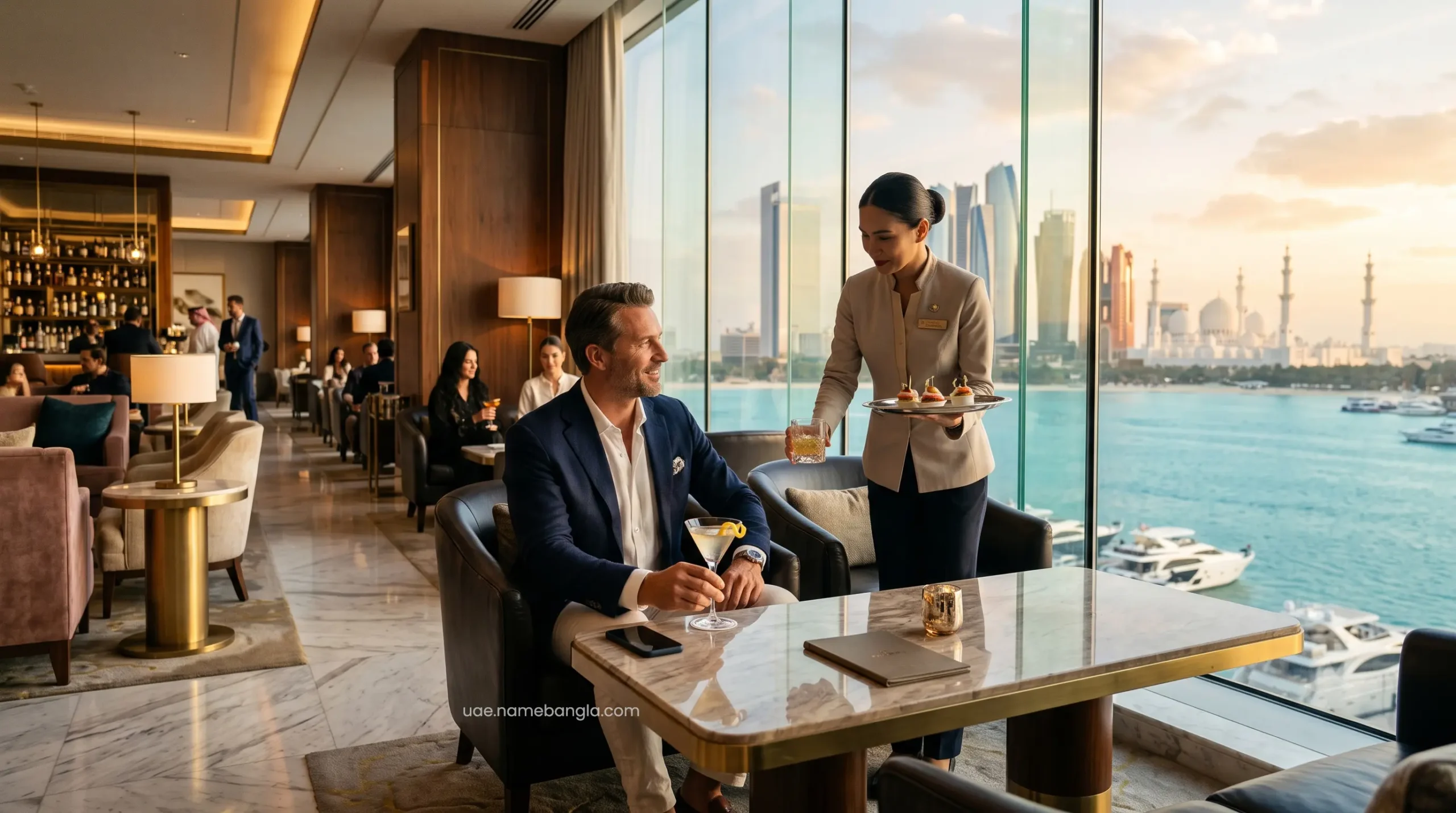Exclusive VIP lounge at a 7-star Abu Dhabi resort offering premium Marriott Bonvoy tier benefits.
