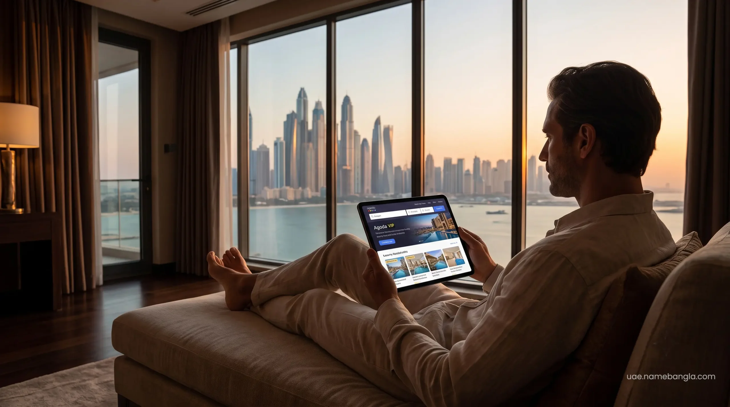 High-net-worth traveler reserving a luxury spa suite on Agoda VIP Platinum interface in Dubai.