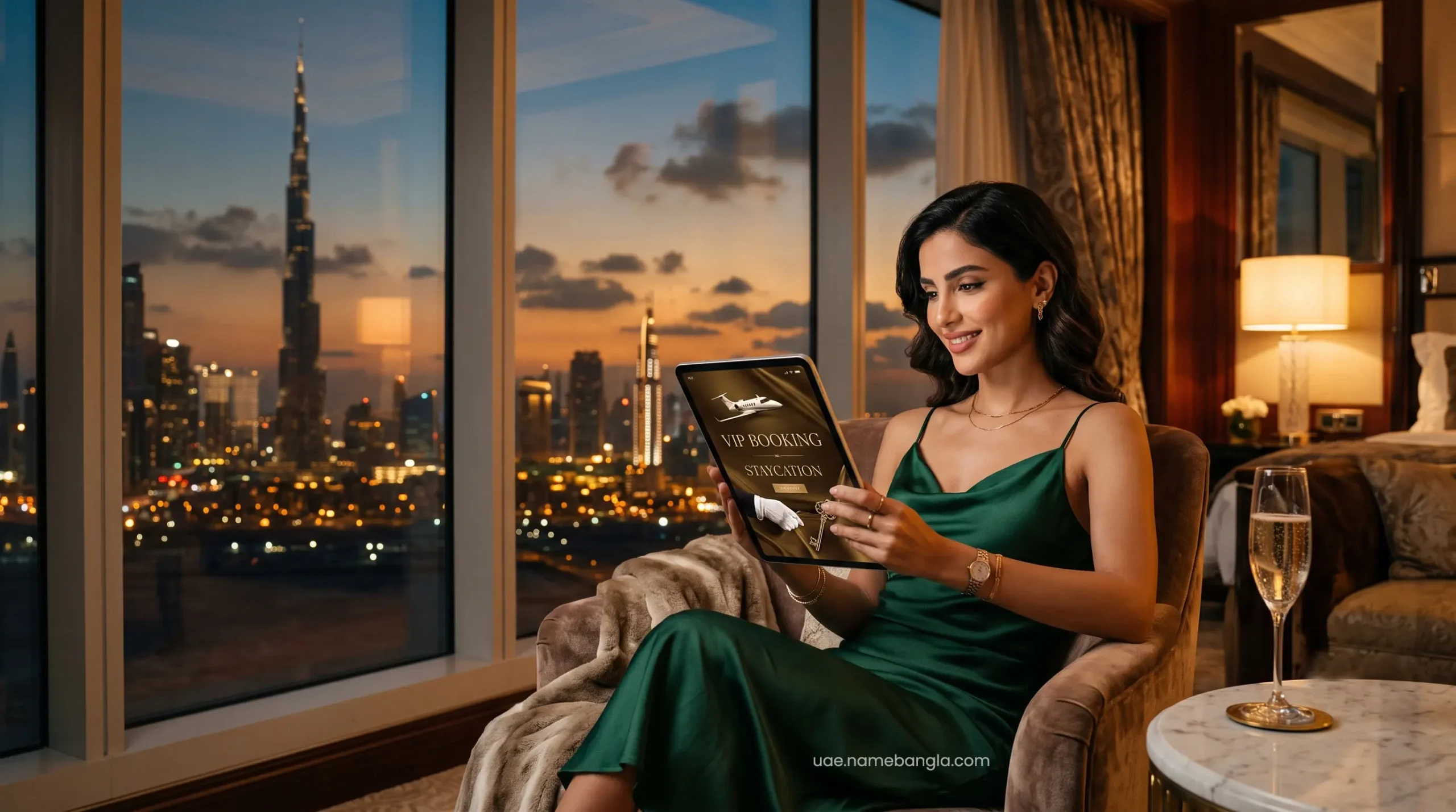 High-net-worth traveler using a digital tablet for Booking.com Genius luxury hotel reservations in Dubai.