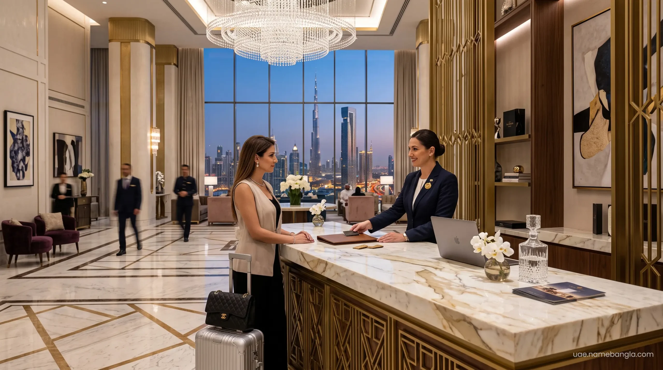 Dedicated VIP concierge desk at a Dubai premium resort processing elite OTA rewards.