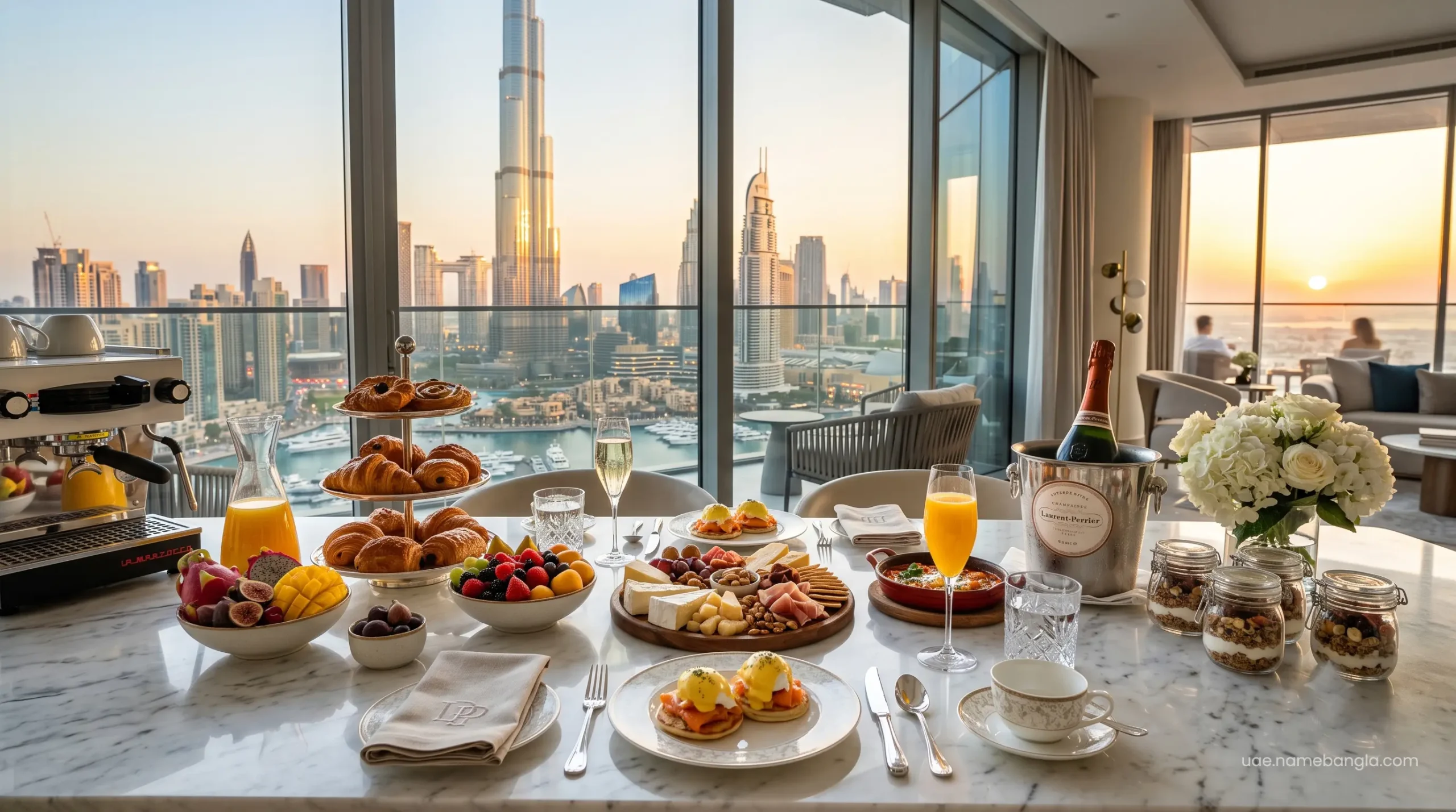 Complimentary premium breakfast spread in a Dubai penthouse secured through VIP hotel rewards.