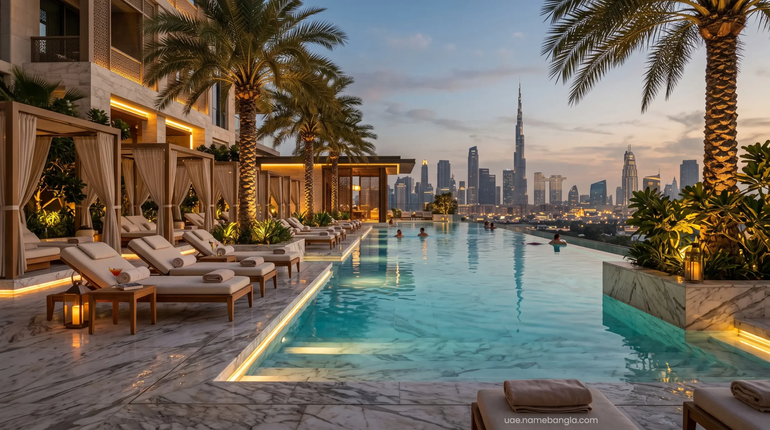 Temperature-controlled luxury resort pool during an early autumn staycation in the UAE.