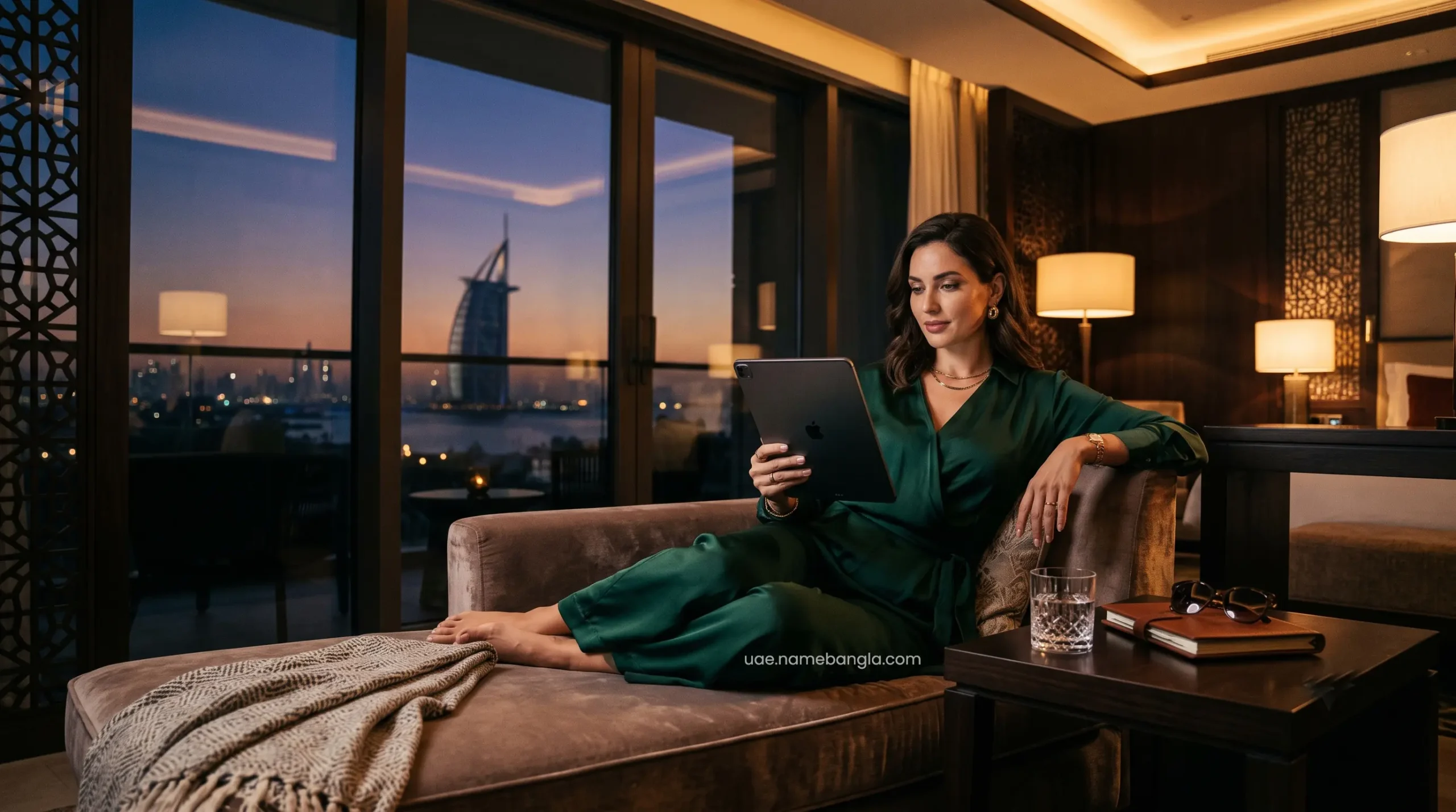 High-net-worth traveler confirming a Booking.com Genius Level 3 reservation on a digital tablet in a Dubai luxury suite.