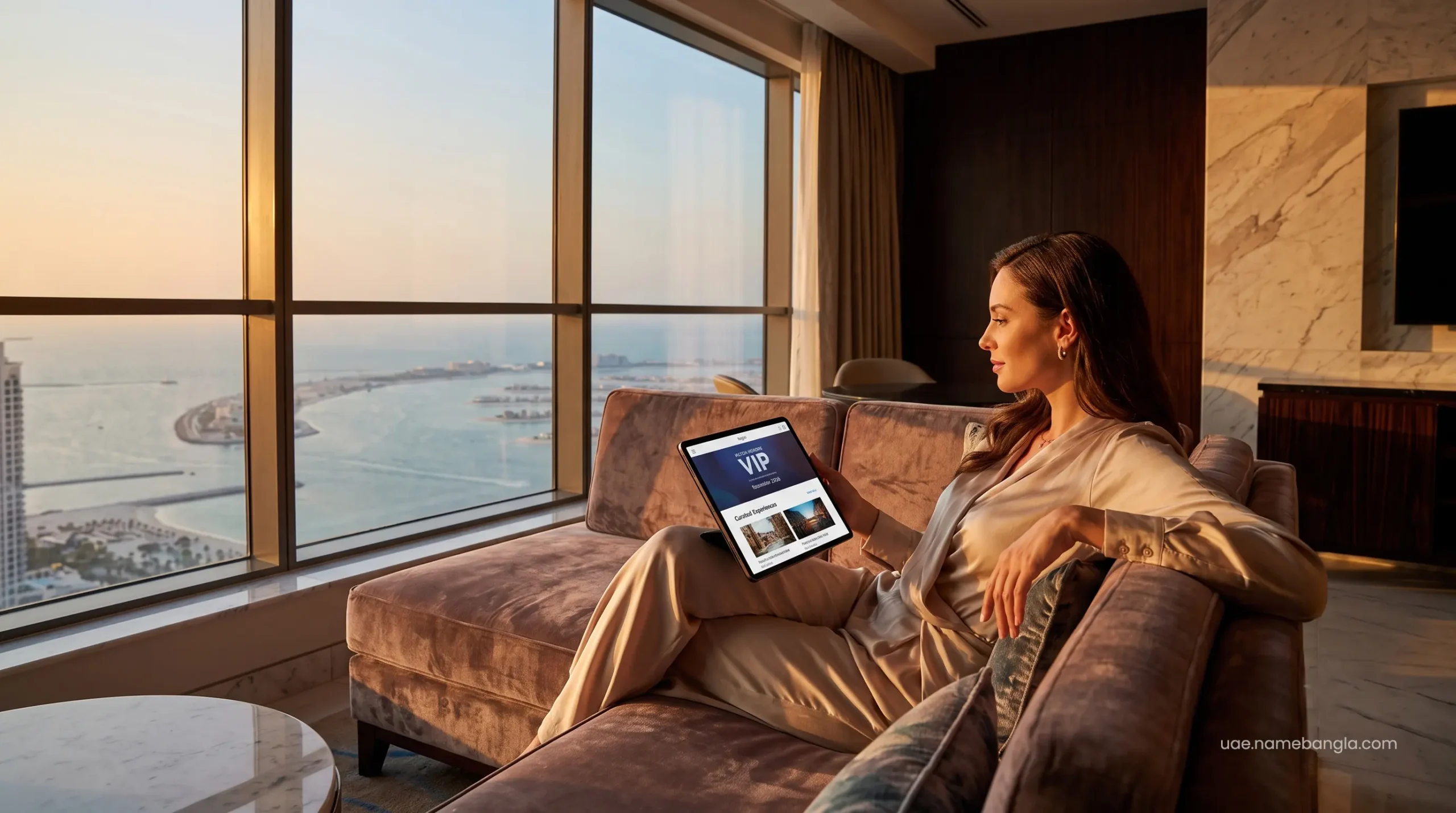 High-net-worth traveler relaxing in a penthouse suite secured through Hilton Honors Diamond status in Dubai.