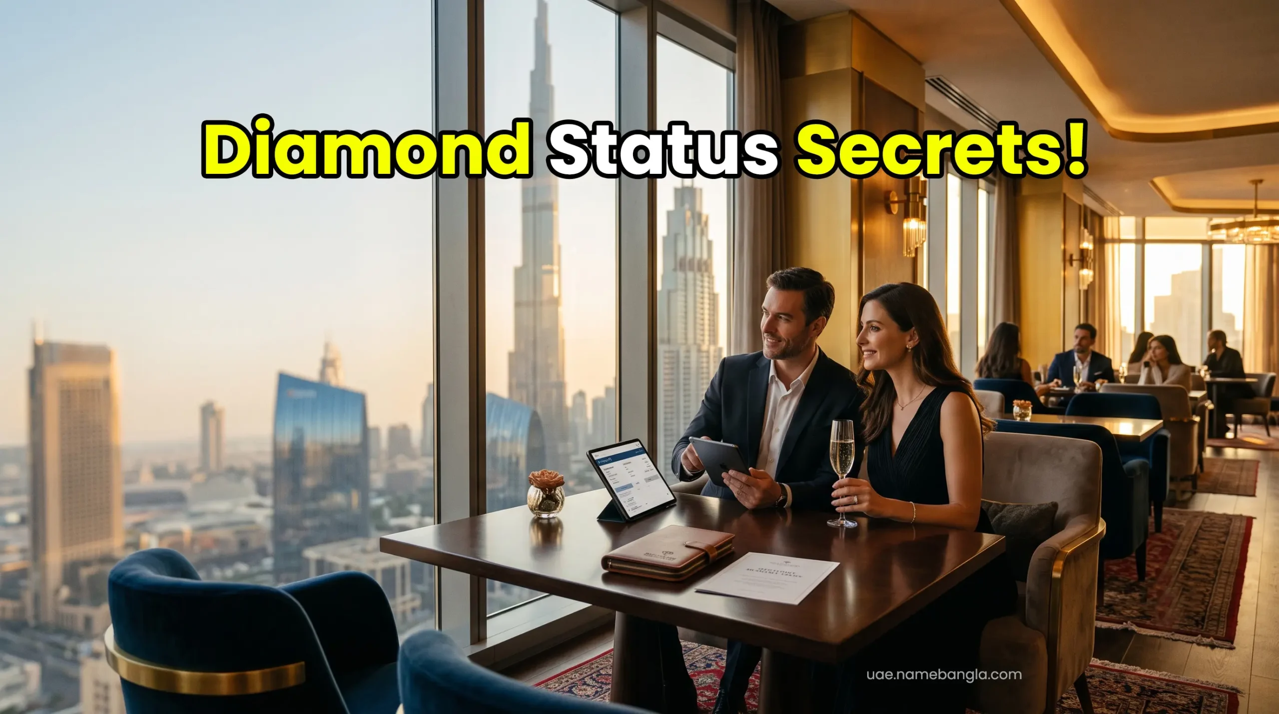 Luxurious executive lounge interior showcasing VIP benefits for Hilton Honors and Radisson Rewards members in the UAE.