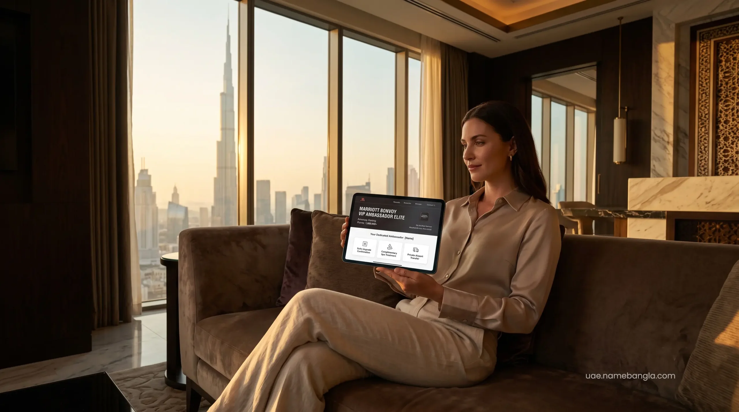 High-net-worth traveler enjoying a Marriott Bonvoy Titanium Elite suite upgrade in Dubai.