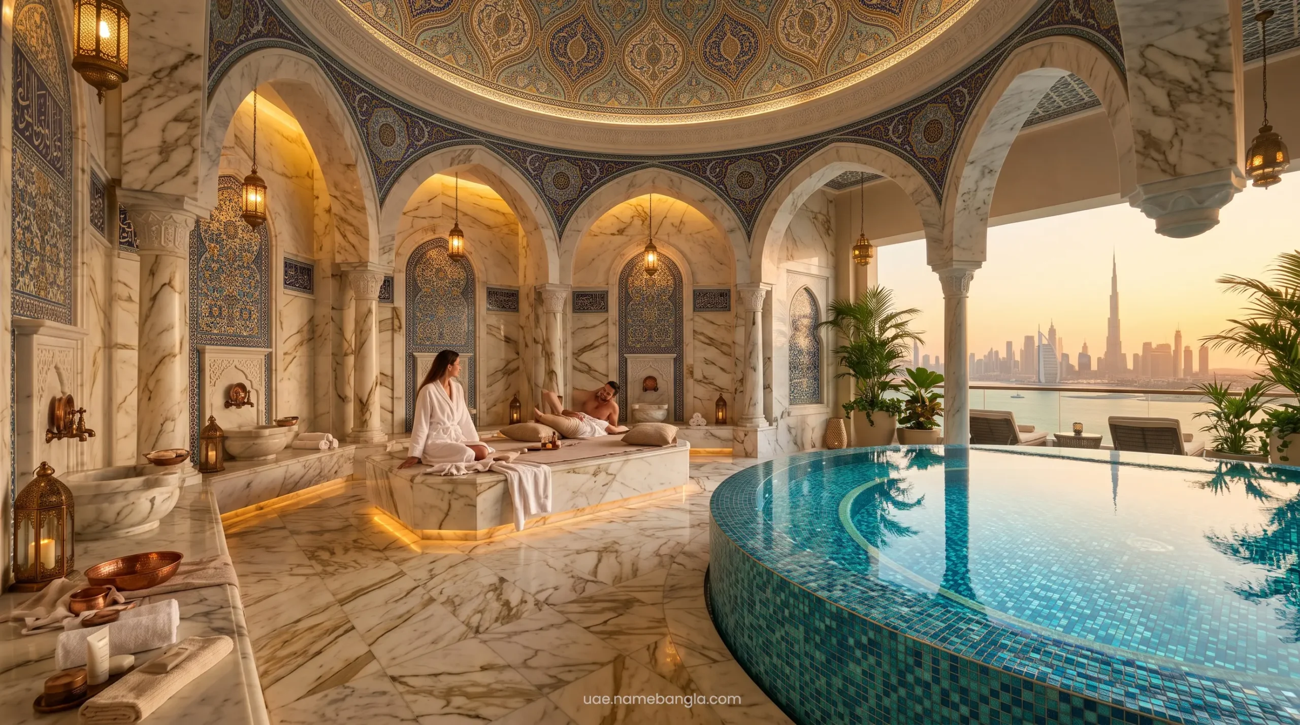 Traditional luxury Turkish hammam inside a top-tier UAE spa resort.