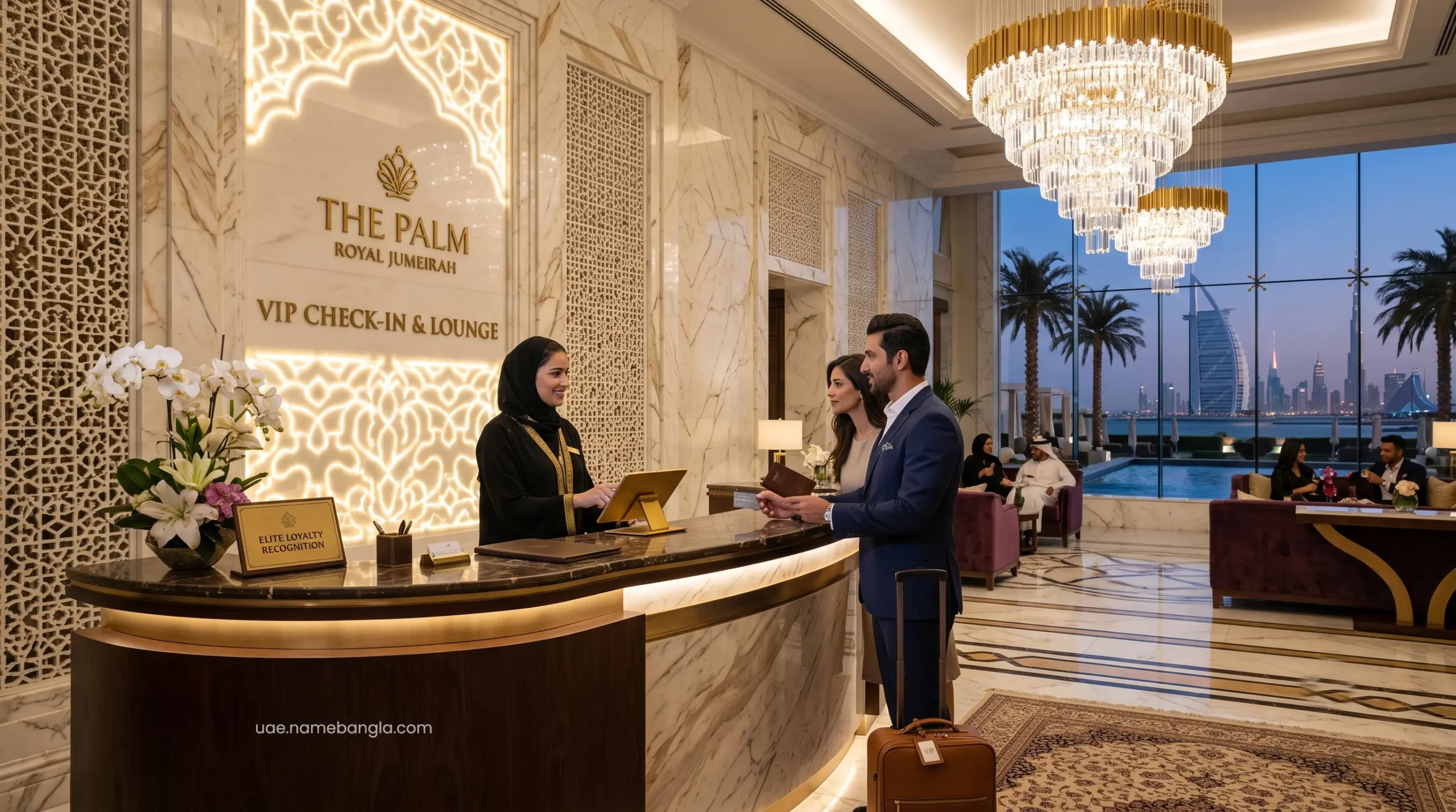 Dedicated VIP concierge welcoming elite loyalty members at a luxury UAE hotel lobby.