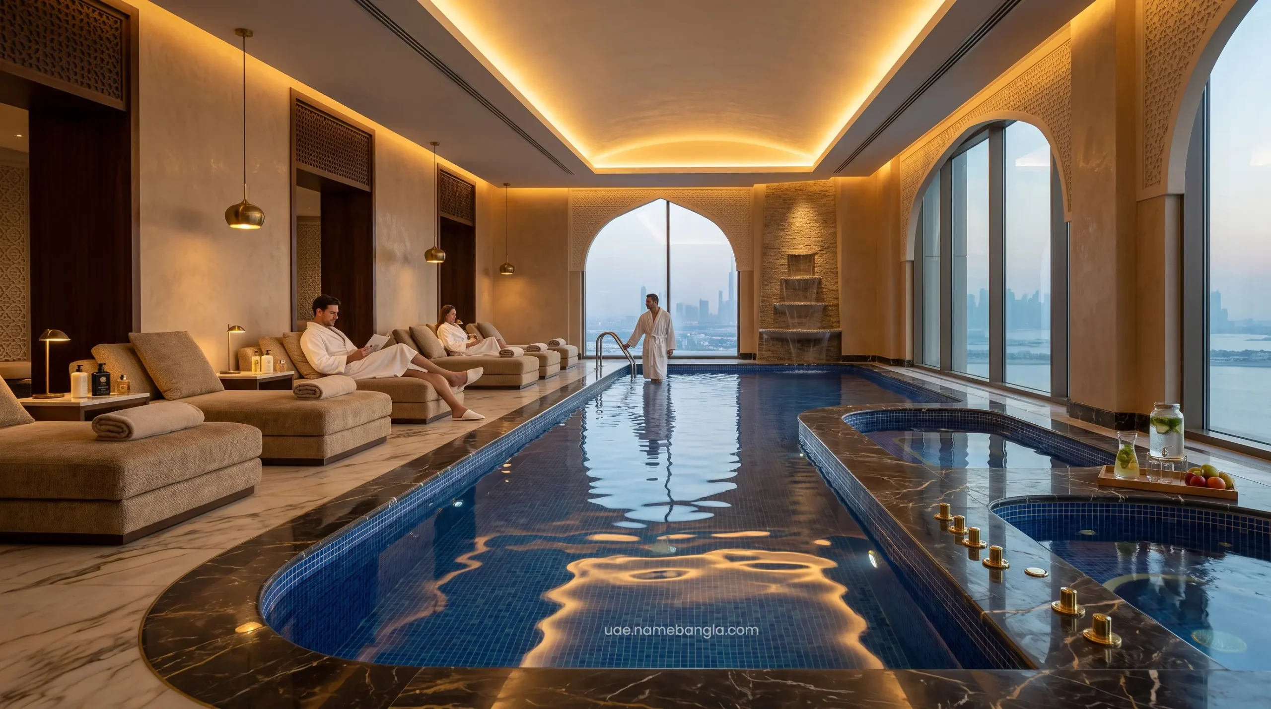 Exclusive indoor luxury pool access during a late check-out at a UAE premium resort.