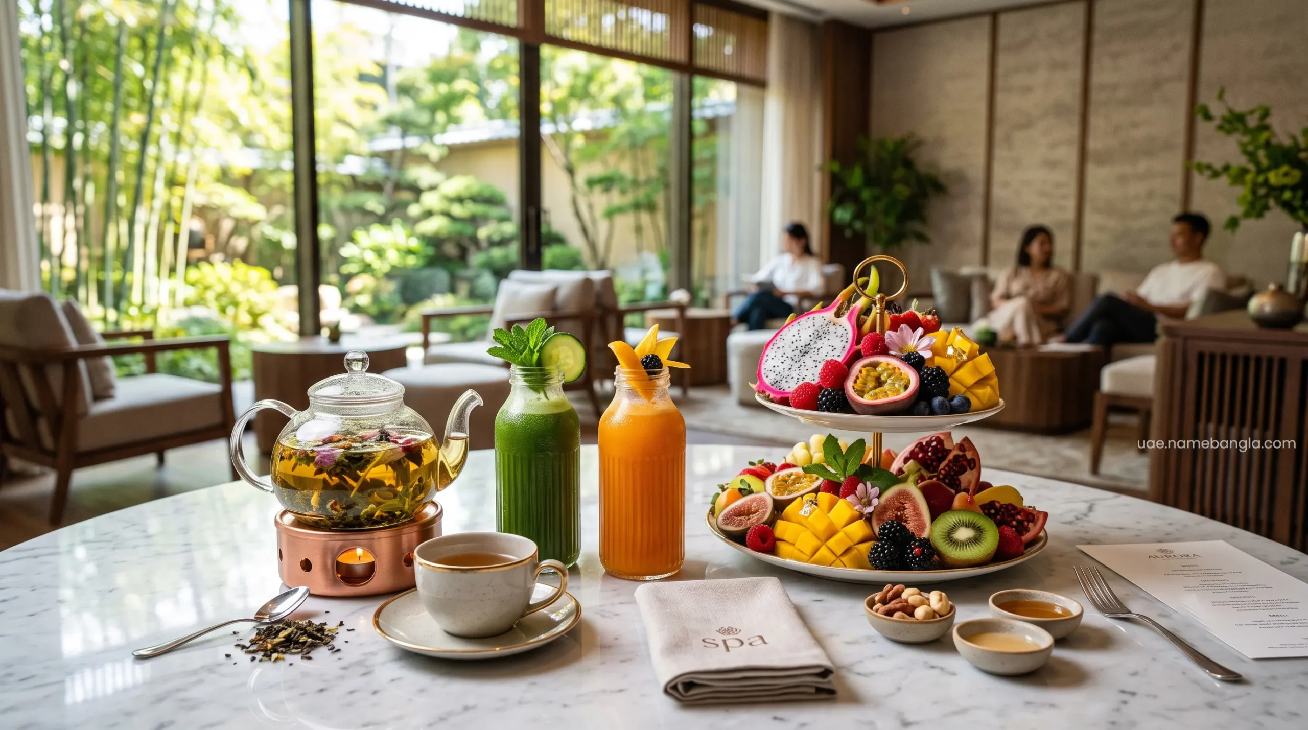 Post-treatment gourmet wellness refreshments served at a luxury UAE spa resort.