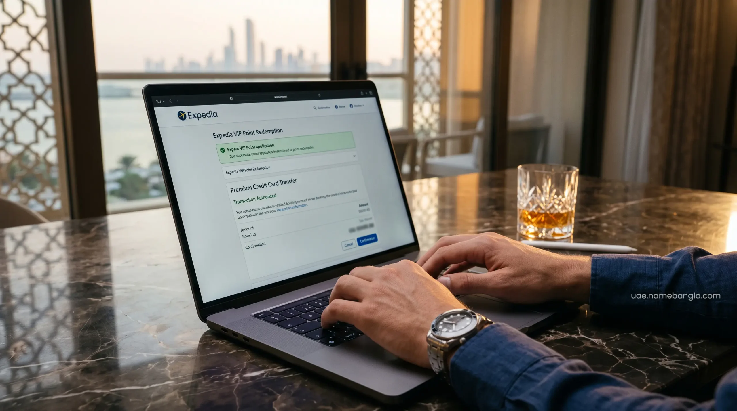 Sophisticated financial transaction verifying a VIP hotel reward point redemption in Abu Dhabi.
