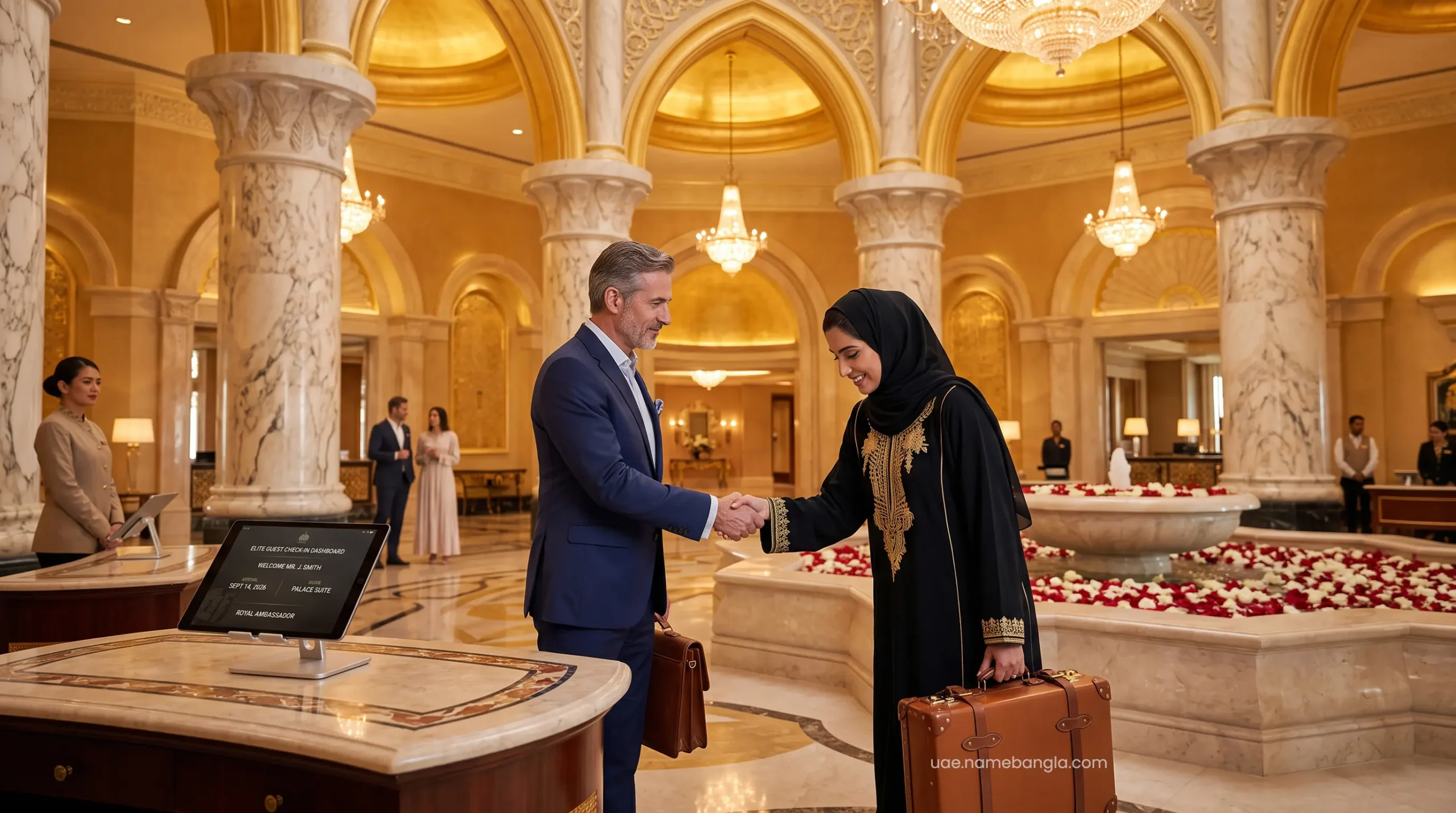 Discerning high-net-worth traveler receiving an expedited VIP check-in at an Abu Dhabi palace hotel.