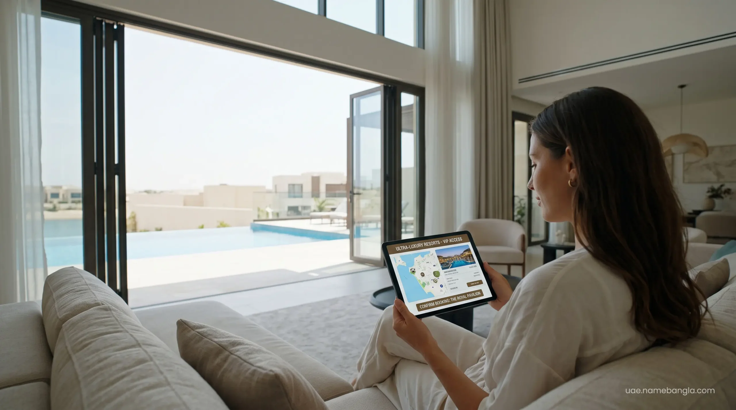 Discerning guest confirming an Agoda VIP Secret Deal reservation on a sleek digital tablet inside a luxury villa.