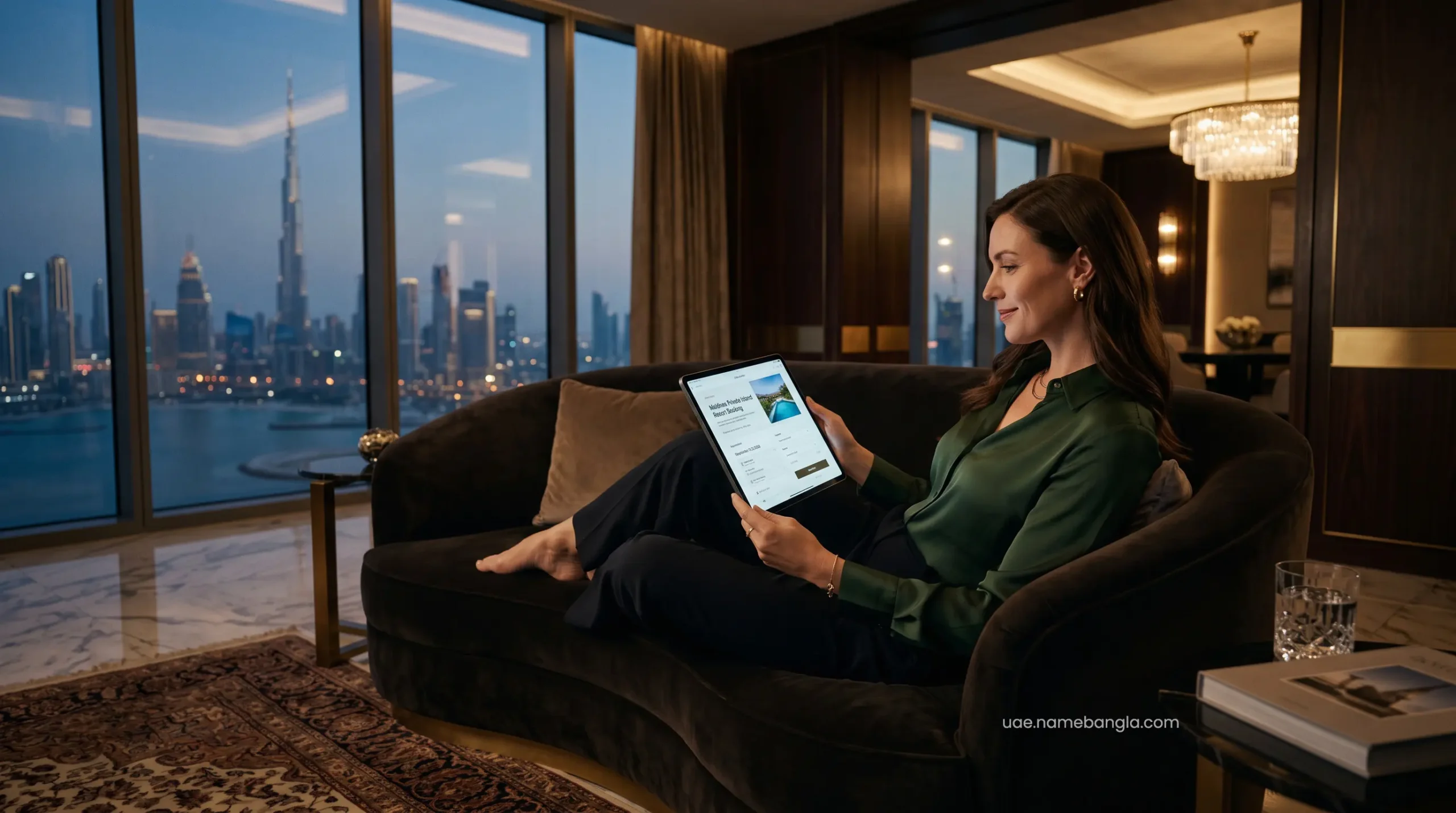 High-net-worth guest enjoying a Booking.com Genius Level 3 upgraded luxury suite in Dubai.