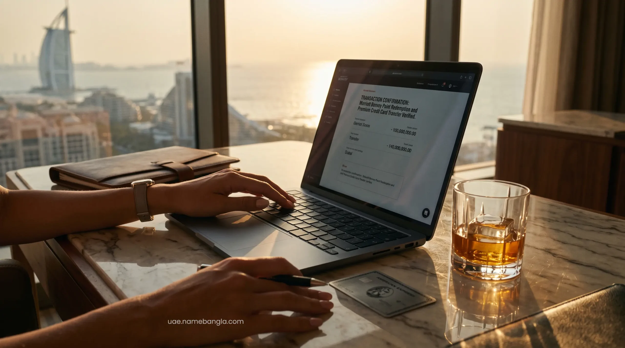 Sophisticated financial transaction verifying a Marriott Bonvoy reward point redemption in a Dubai luxury resort.