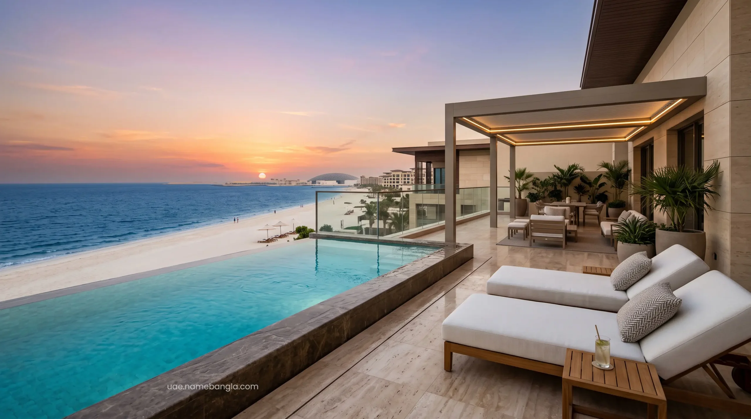 Luxurious beachfront suite balcony with a private plunge pool on Saadiyat Island, Abu Dhabi.
