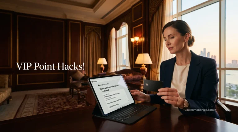 High-net-worth traveler executing an Expedia VIP Access reward point redemption using a premium credit card for an Abu Dhabi suite.