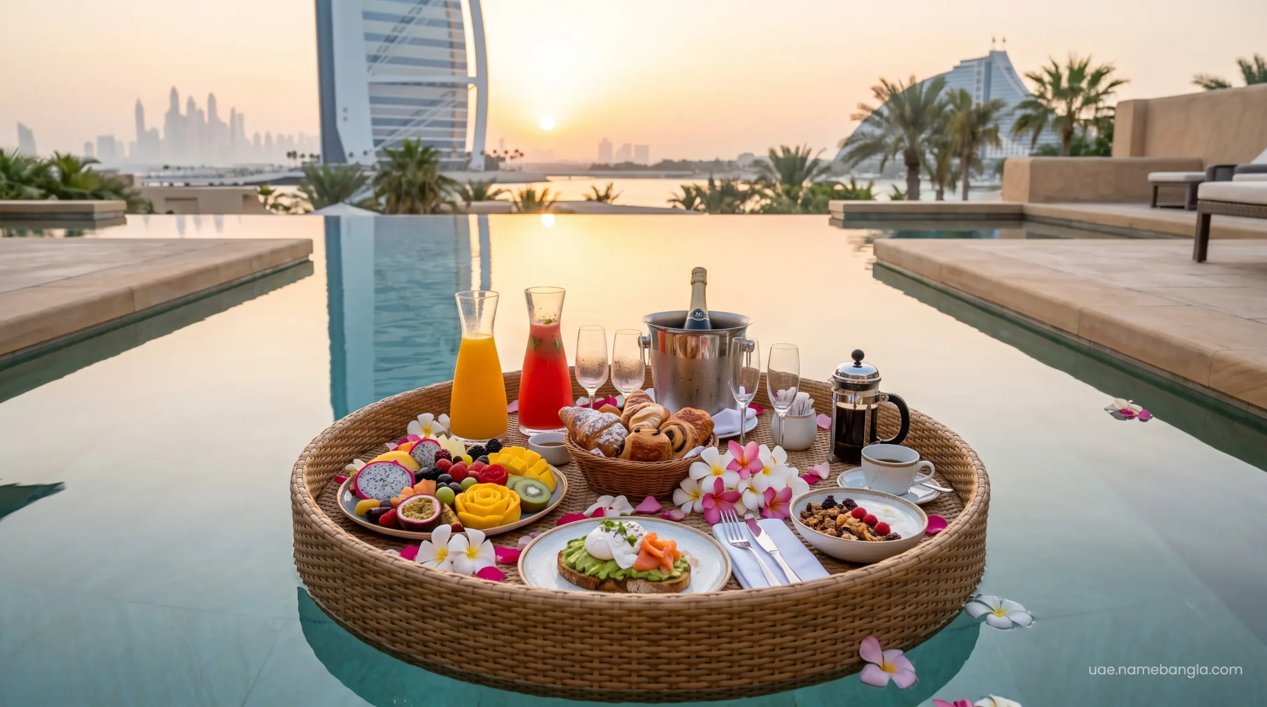 Bespoke in-villa private floating breakfast and gourmet spread served in a UAE luxury villa pool.