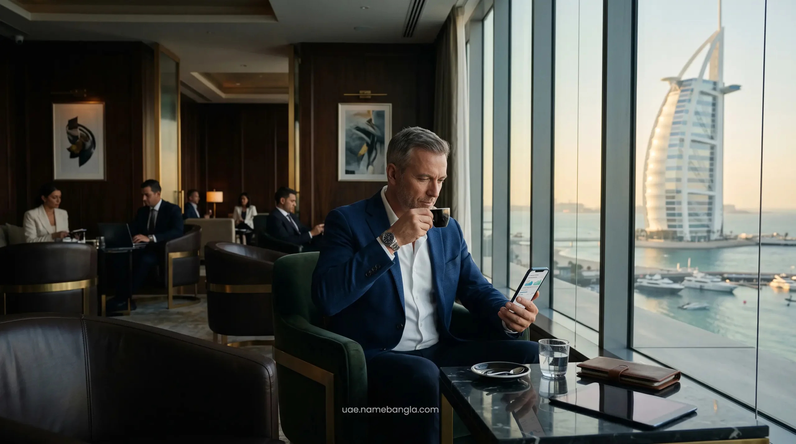 Wealth optimization and luxury travel portfolio management in a premium Jumeirah executive lounge.