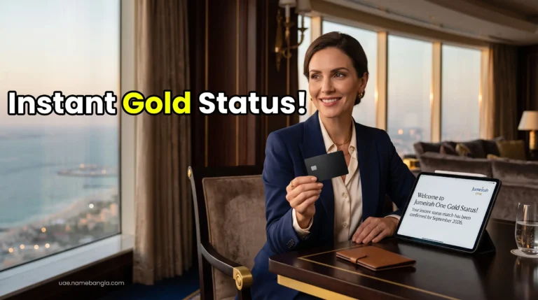 High-net-worth individual activating a Jumeirah One Gold status match utilizing a premium UAE bank reward credit card inside a Dubai luxury suite.