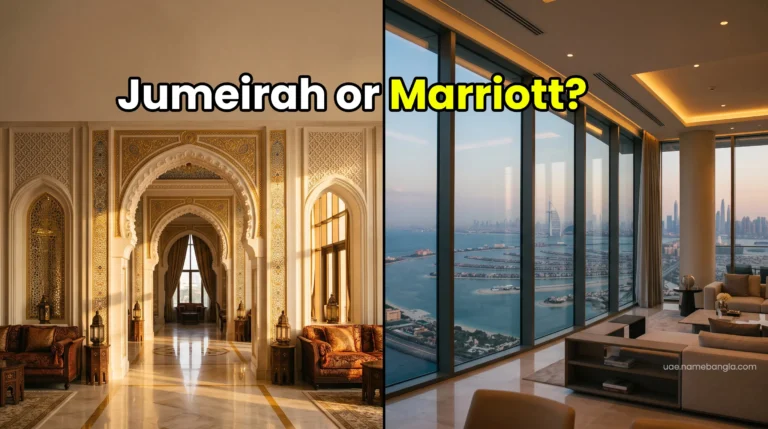 Side-by-side visual representation of an ultra-luxury Jumeirah palace suite and a modern Marriott Bonvoy penthouse in Dubai during September 2026.