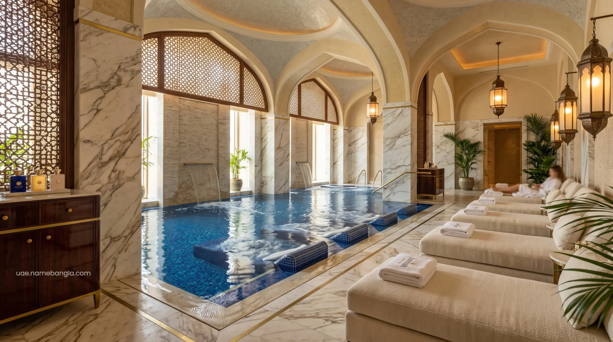 Serene indoor hydrotherapy pool accessed during a complimentary late check-out at a Dubai luxury resort.
