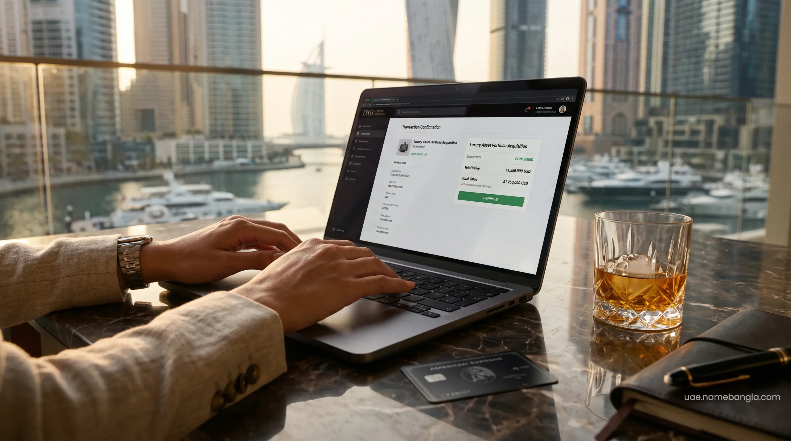 Sophisticated financial transaction verifying a liquidated inventory hotel booking in a Dubai premium resort.
