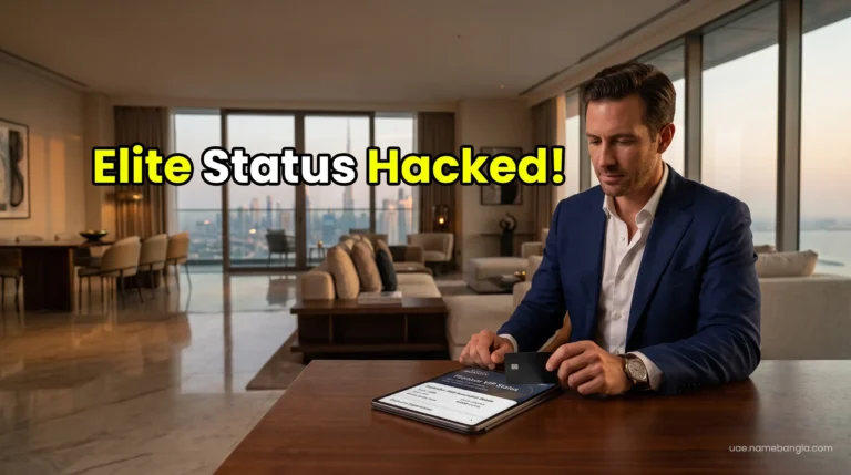High-net-worth traveler holding a premium metal credit card alongside a Marriott Bonvoy Titanium elite status confirmation in a Dubai luxury suite.