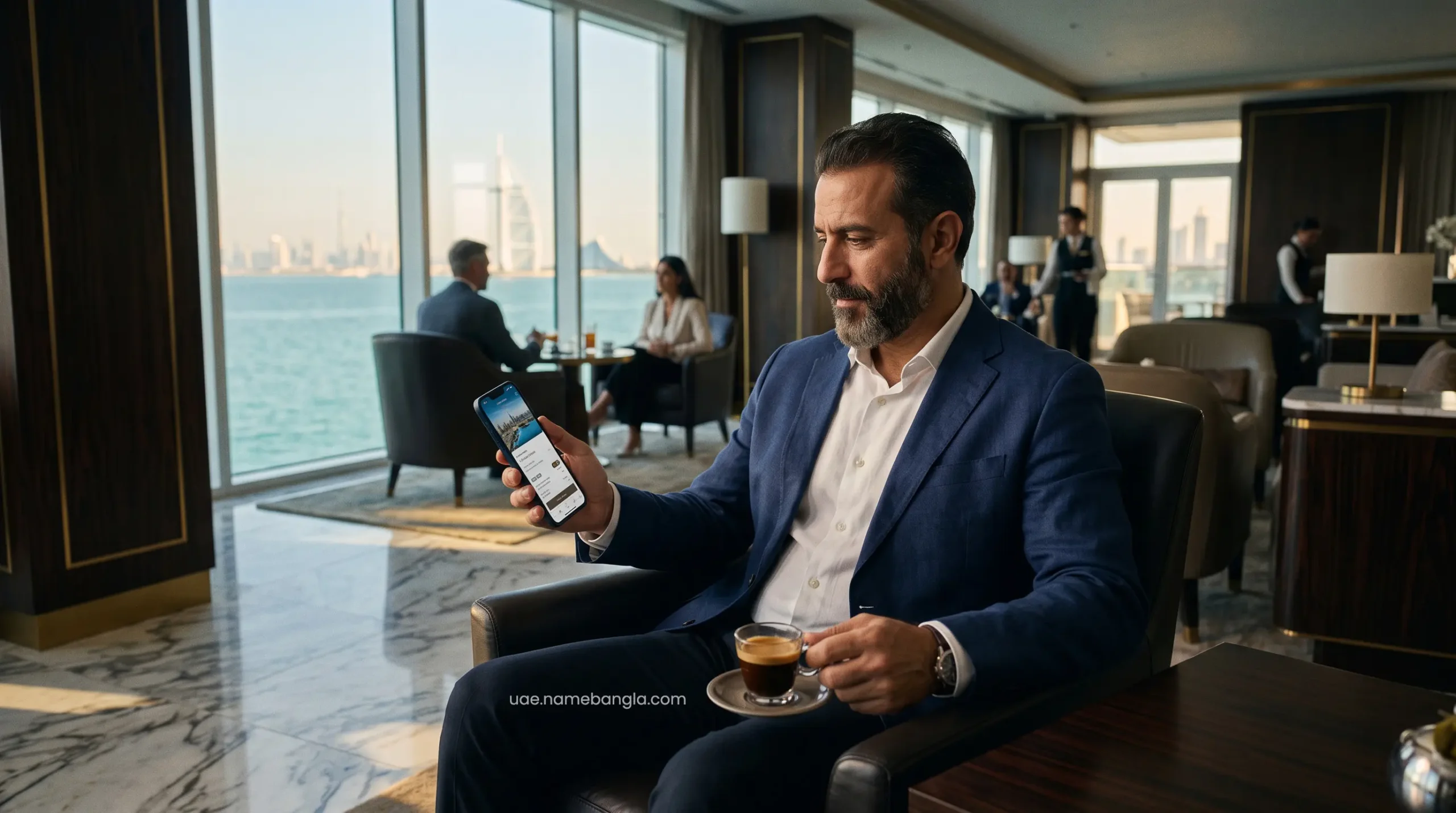 Wealth optimization and luxury travel portfolio management in a UAE premium executive lounge.
