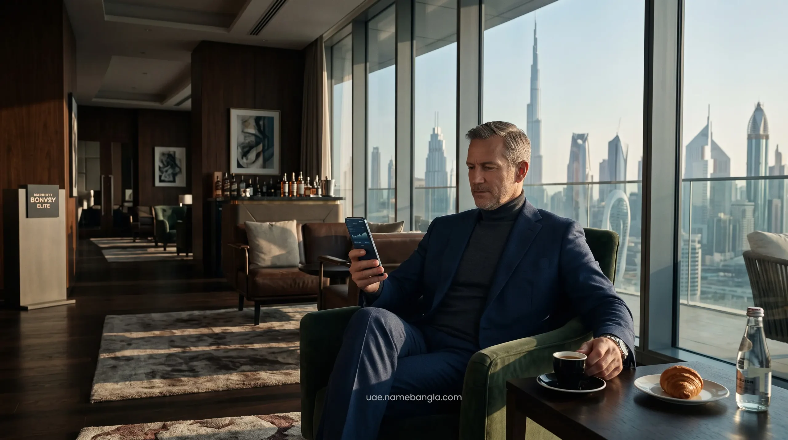 Wealth optimization and luxury travel portfolio management in a Dubai premium Marriott Bonvoy executive lounge.