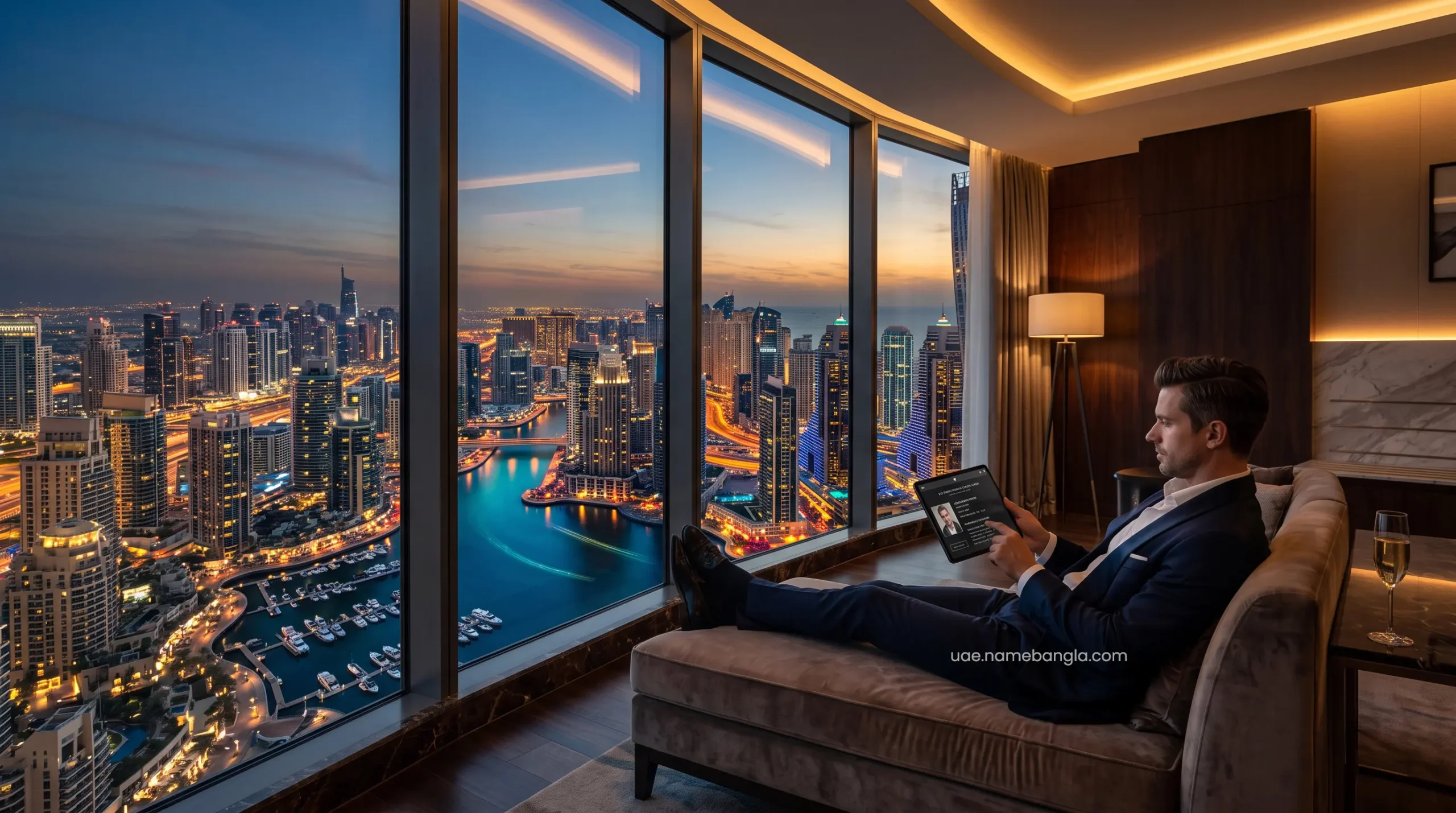 High-net-worth traveler relaxing in an upgraded Marriott Bonvoy Titanium Elite suite in Dubai.