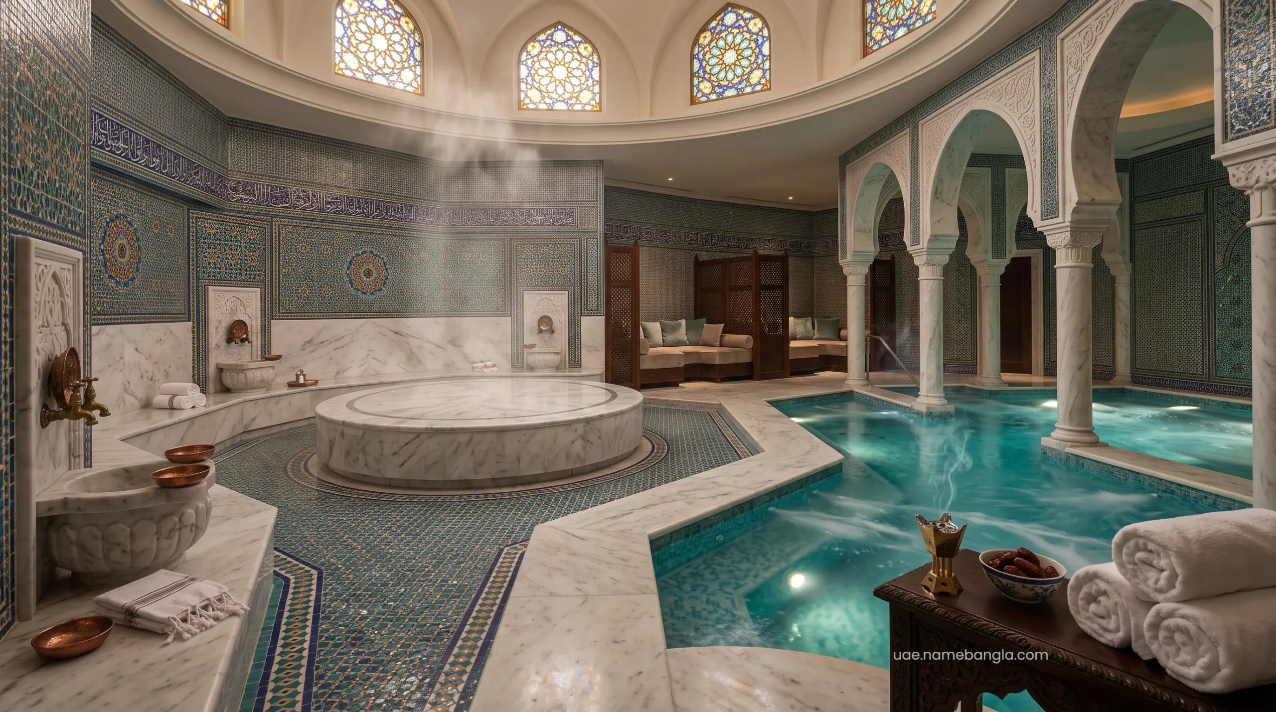 Opulent indoor hydrotherapy sanctuary and marble thermal hammam in a top-tier Abu Dhabi resort.