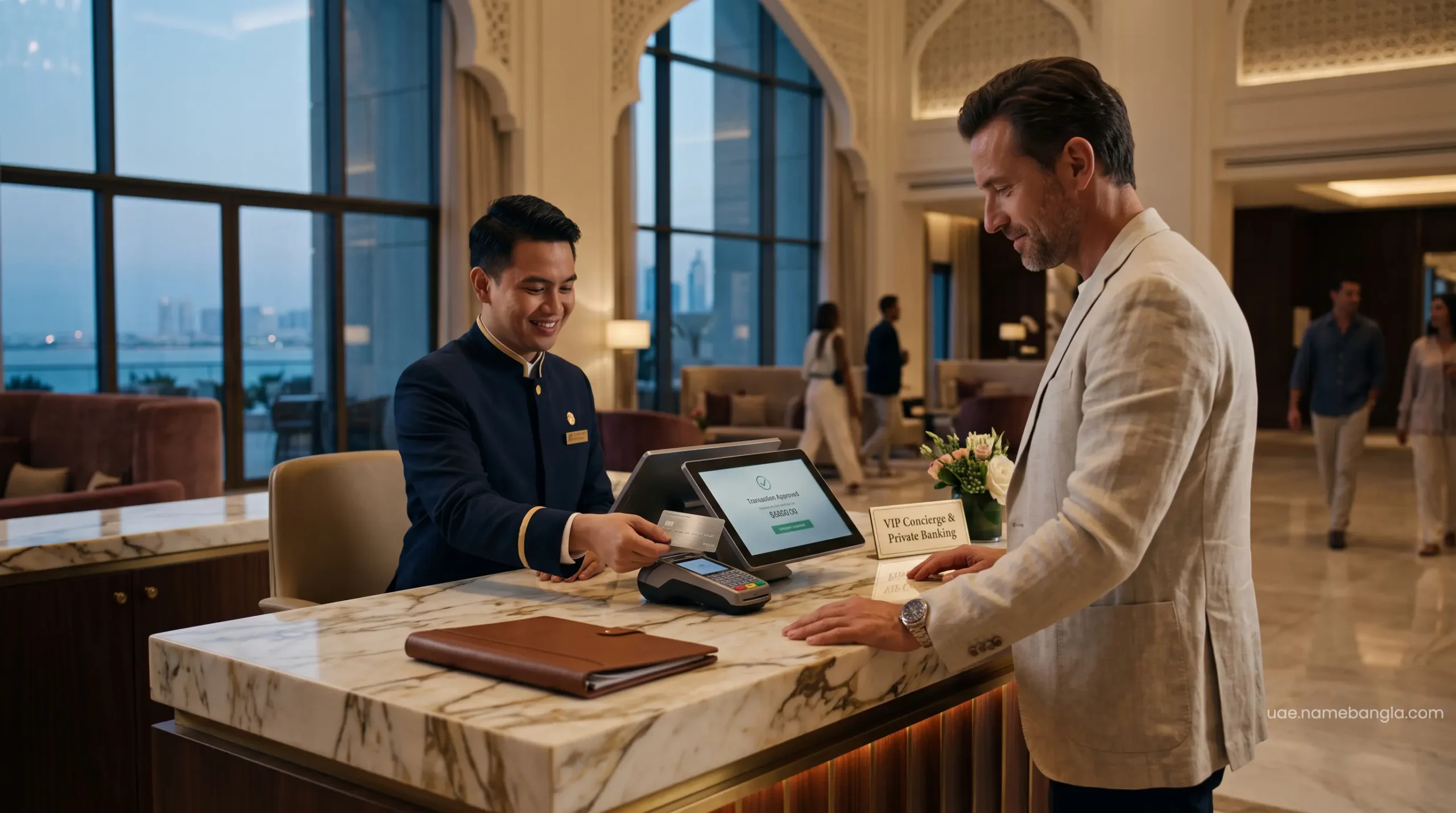 Exclusive VIP banking concierge finalizing a Booking.com Genius luxury staycation transaction in the UAE.