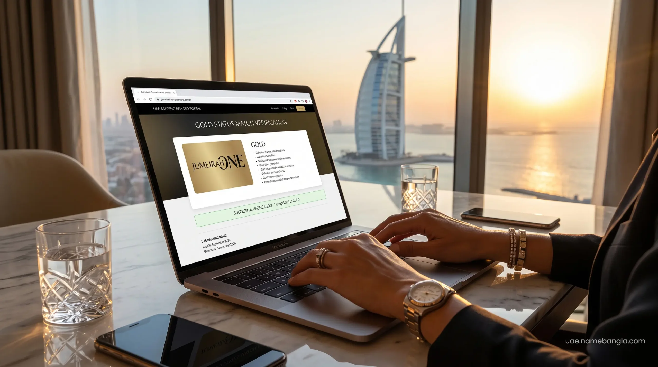 Sophisticated financial transaction verifying a direct hotel status match via a premium UAE banking portal.