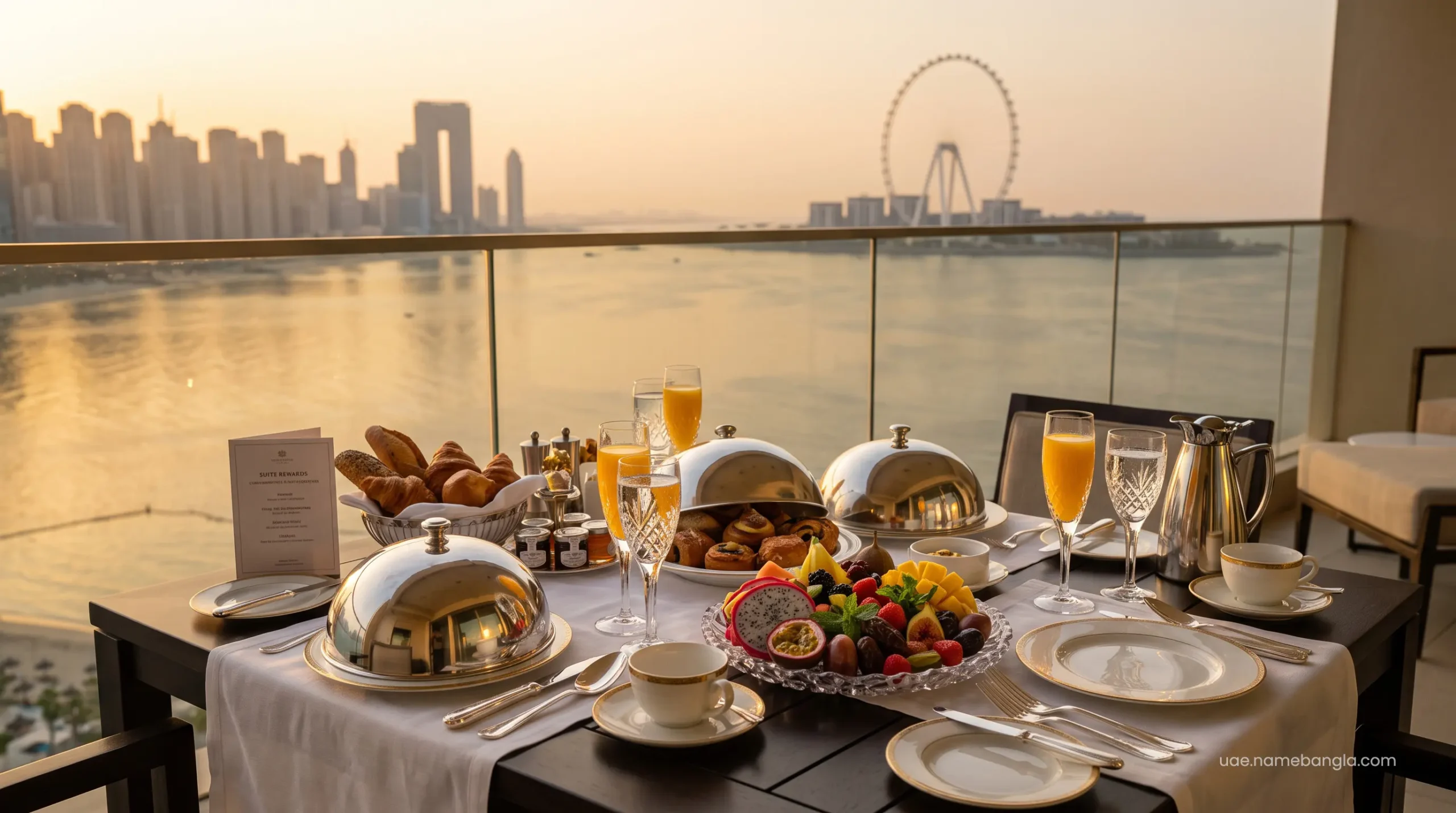 Complimentary premium gourmet breakfast served in-suite, secured through Booking.com Genius Level 3 status in Dubai.