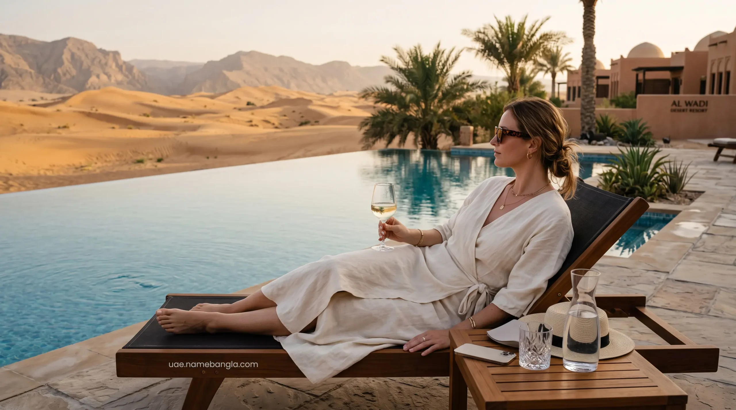 High-net-worth traveler relaxing on the sundeck of a secluded private pool villa in Ras Al Khaimah.
