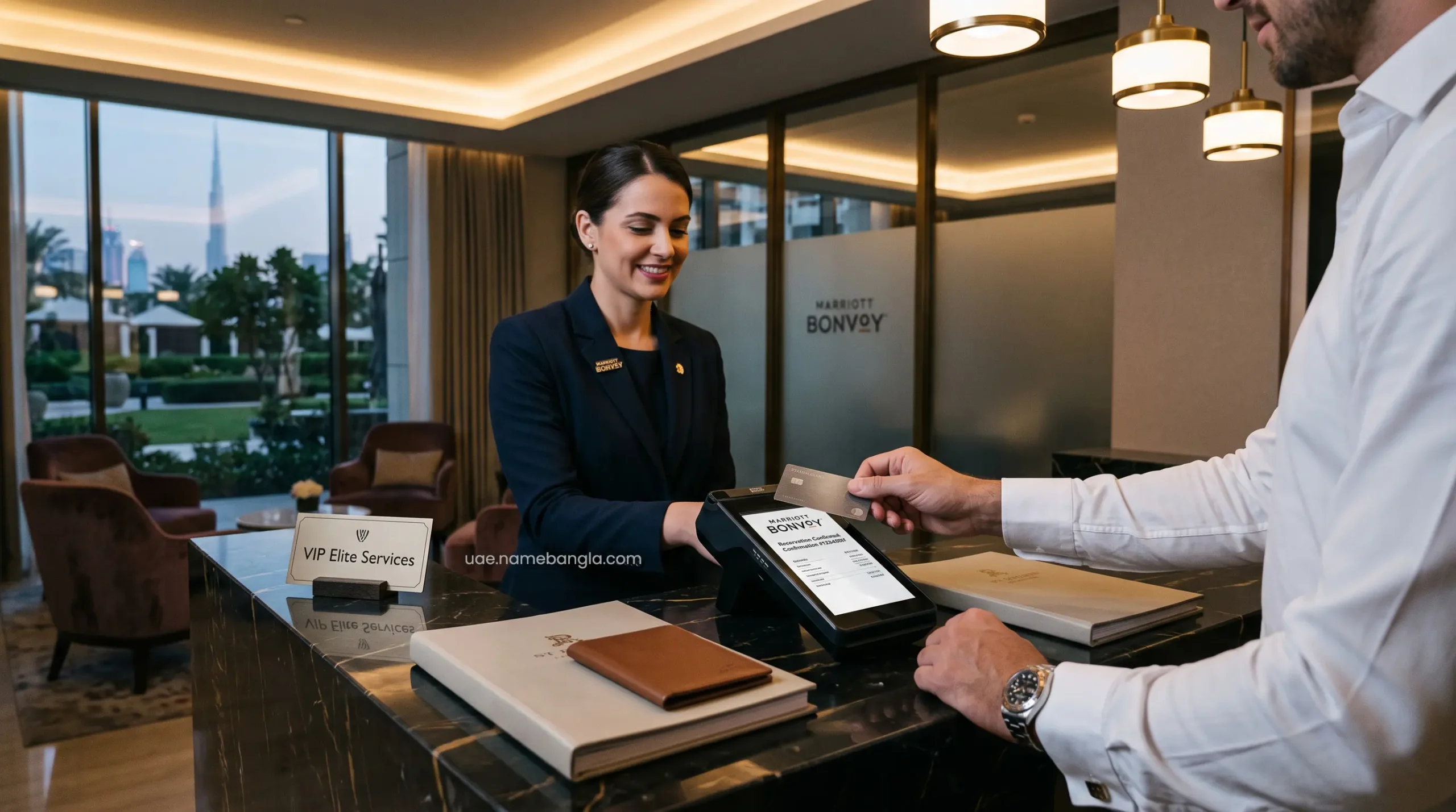 Exclusive VIP banking concierge finalizing a Marriott Bonvoy luxury staycation transaction in the UAE.