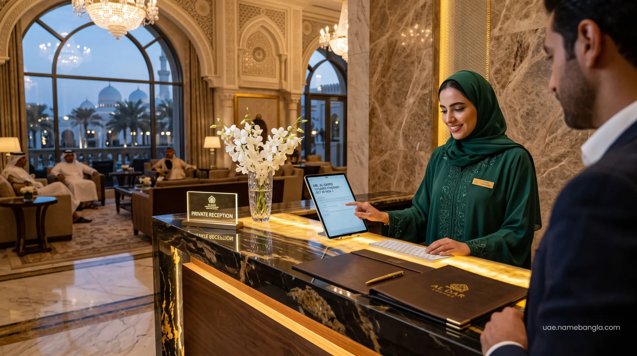 Dedicated VIP concierge desk inside a 7-star Abu Dhabi resort arranging bespoke staycation itineraries.