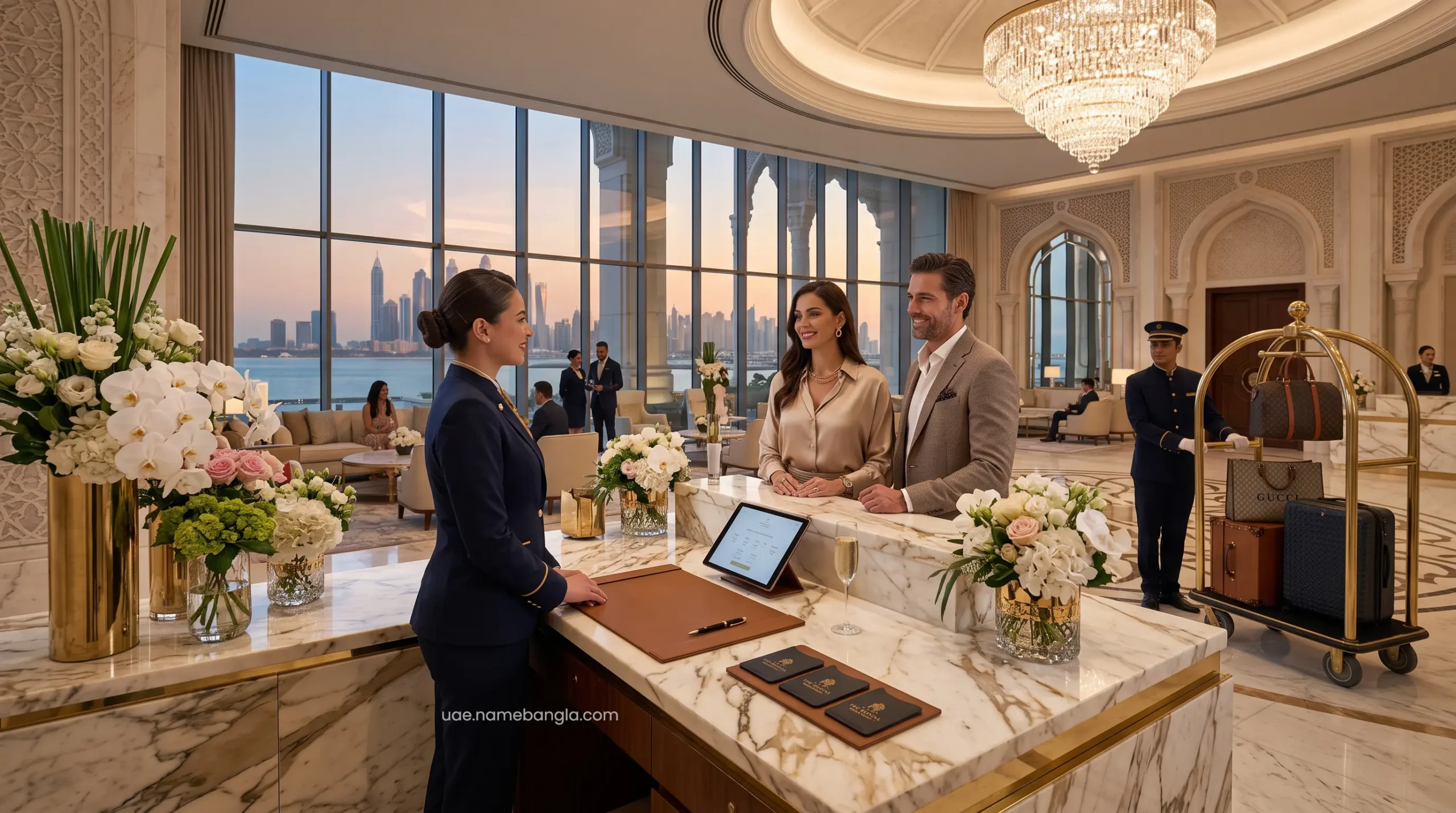 Dedicated VIP hospitality concierge finalizing an elite resort check-in experience in Dubai.
