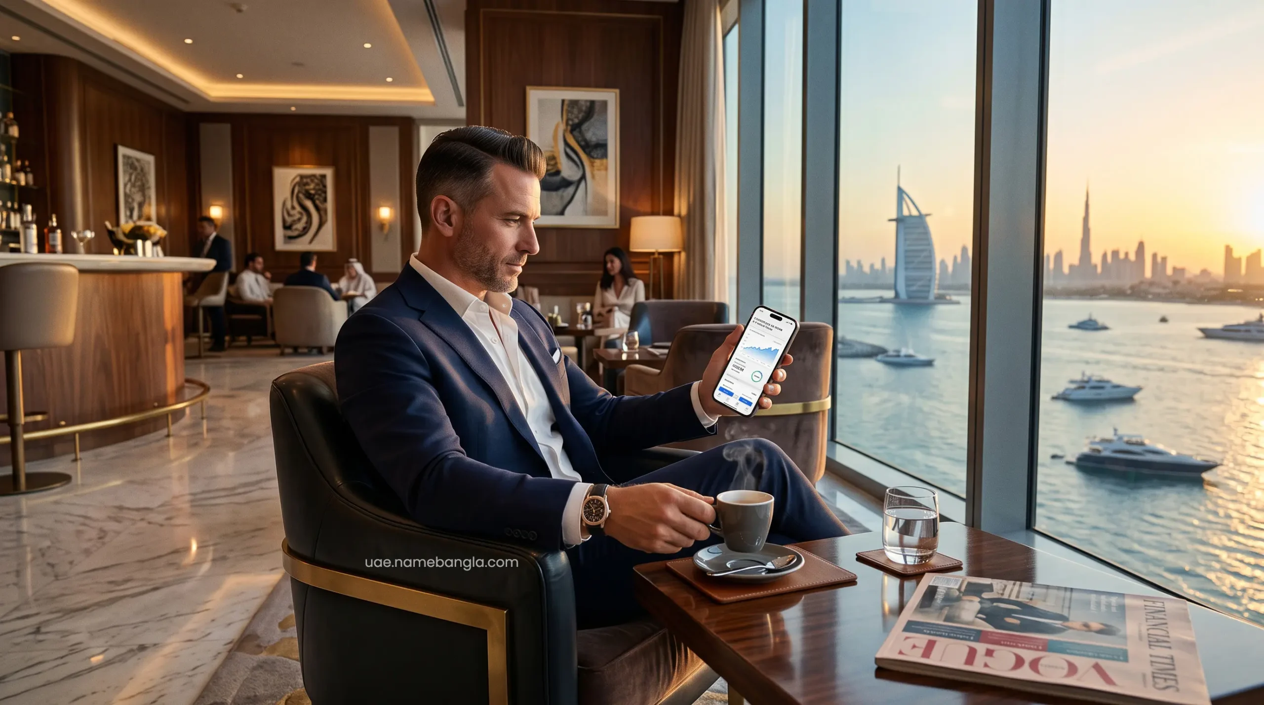 Wealth optimization and luxury travel portfolio management in a UAE premium executive lounge.